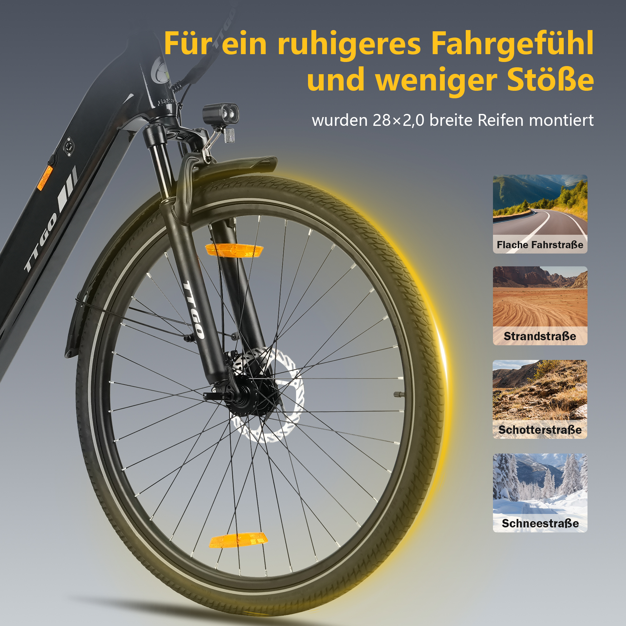 Ein schwarzes TTGO E-Bike Vorderrad mit breiten Reifen und Felgenbremse.
