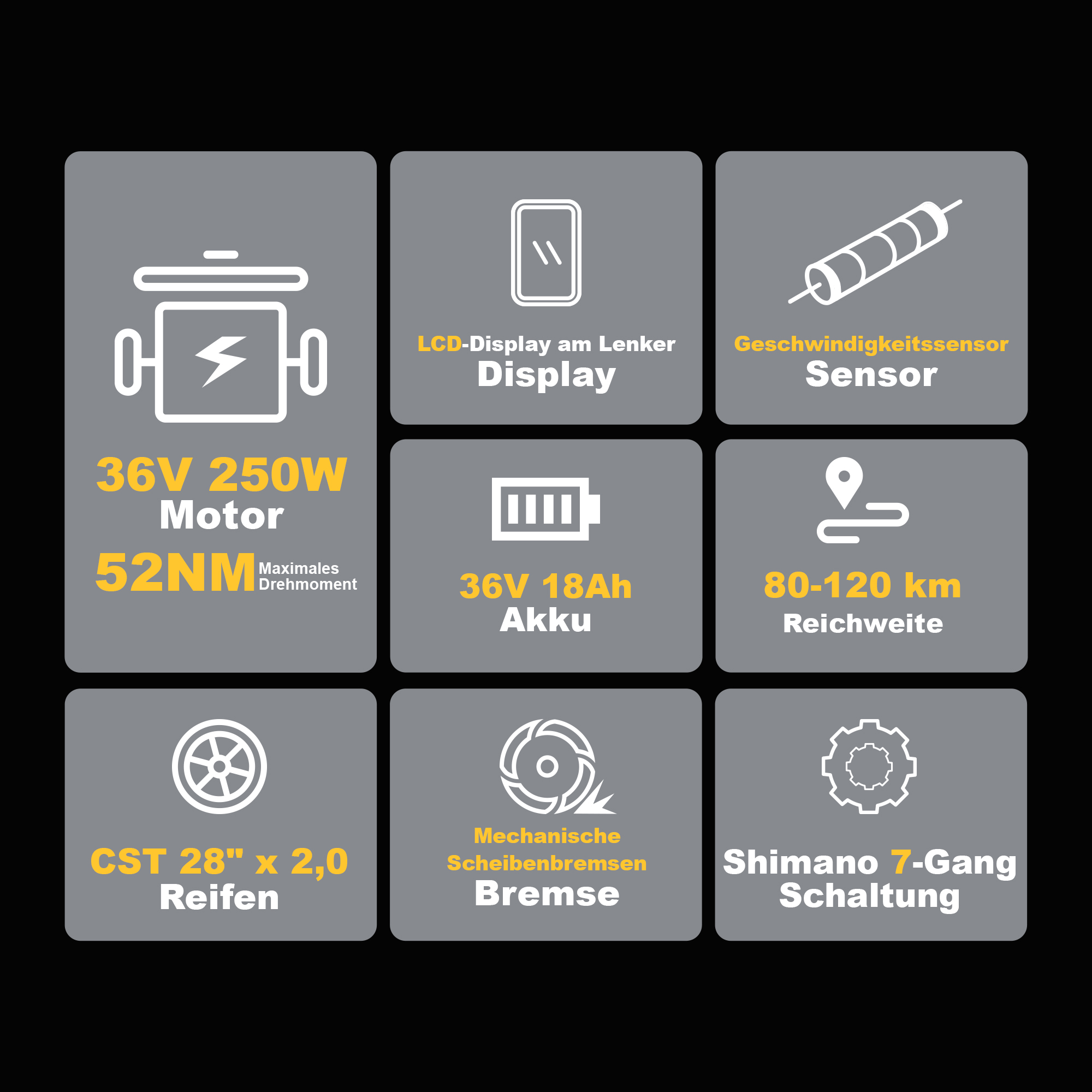 Icons zeigen E-Bike Spezifikationen: Motor, Display, Sensor, Akku, Reichweite, Reifen, Bremse, Schaltung.
