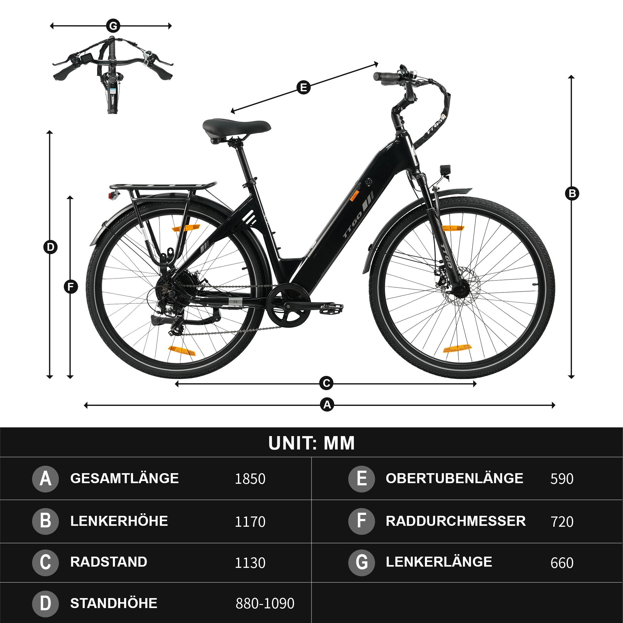 Schwarz E-Bike mit Maßen und Zahlen im Diagramm.