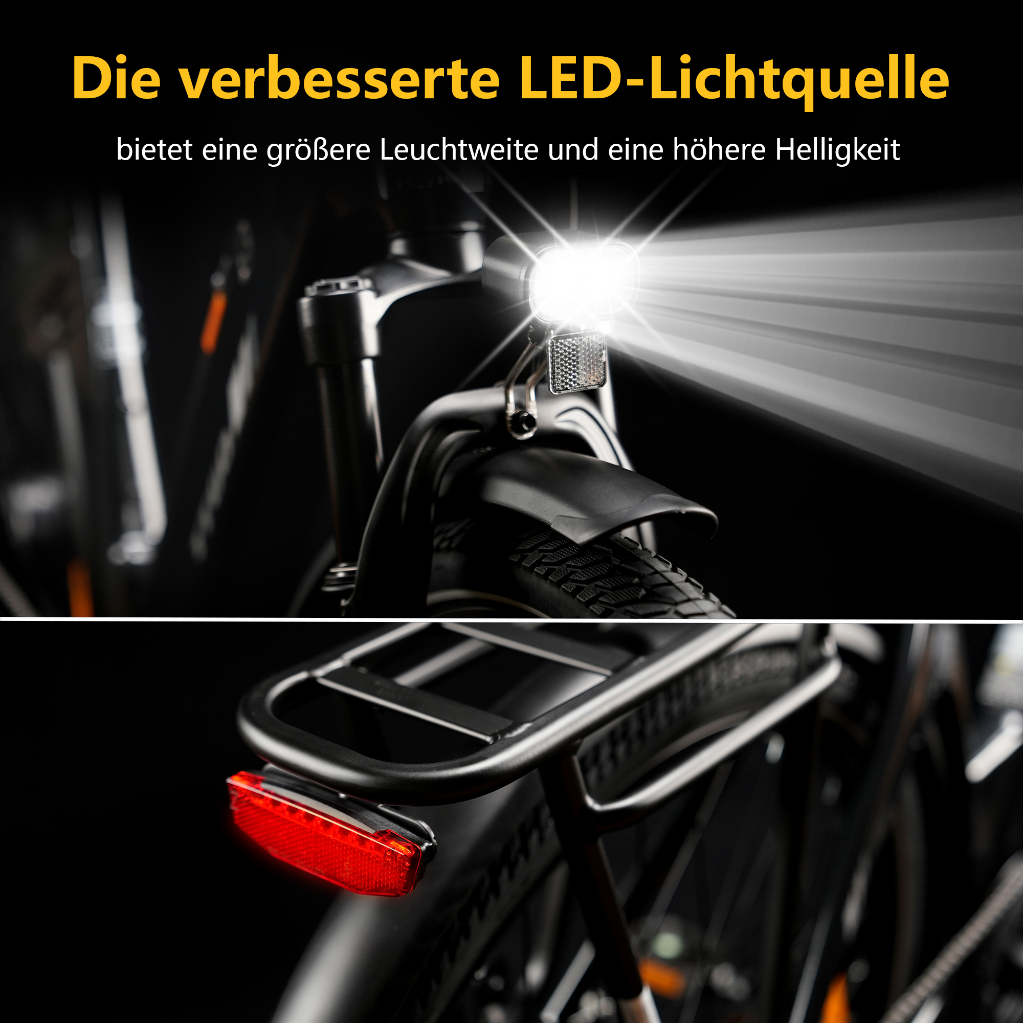 Fahrradfront mit heller LED-Lampe und Rücklicht aus rotem Reflektor.