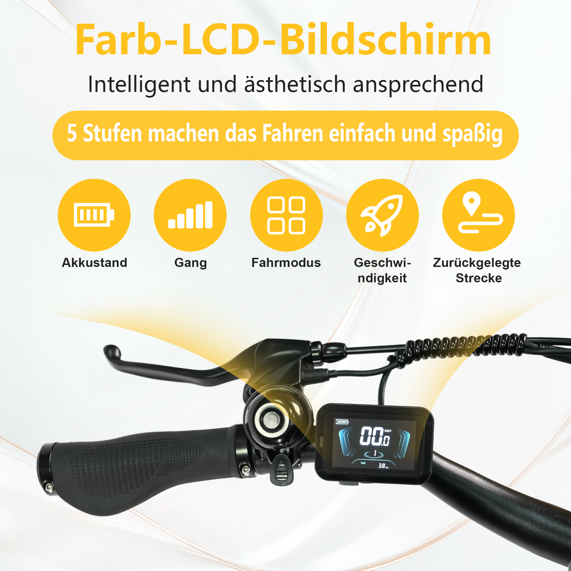 E-Bike-Lenker mit Farb-LCD-Display, das Akku, Gang, Fahrmodus, Geschwindigkeit und Strecke anzeigt.
