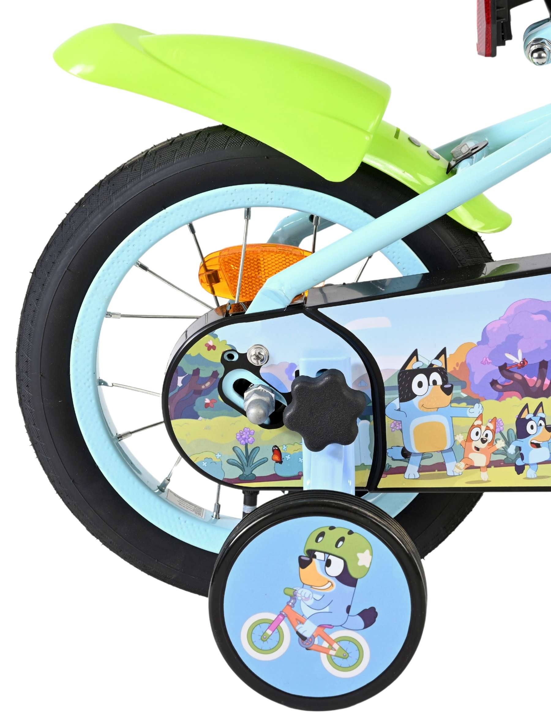 Kinderrad mit Bluey-Motiv: Hinterrad, Stützräder und Schutzblech.