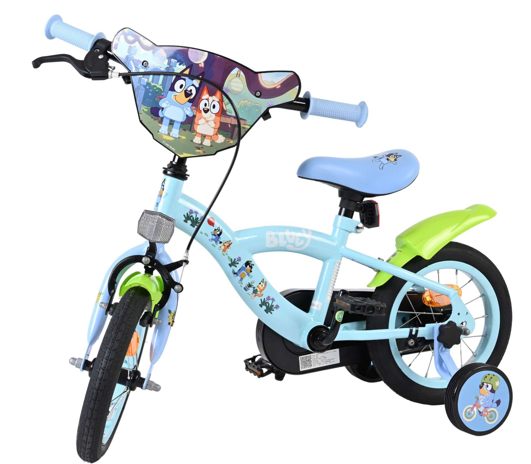 Ein hellblaues Kinderfahrrad mit Bluey-Motiv, Stützrädern und grünen Akzenten.