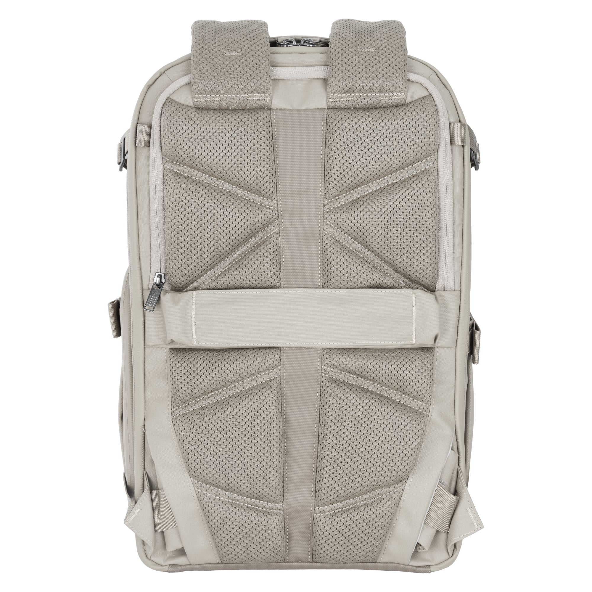 Rückseite eines hellgrauen Rucksacks mit gepolsterten Trägern und Netzrücken.