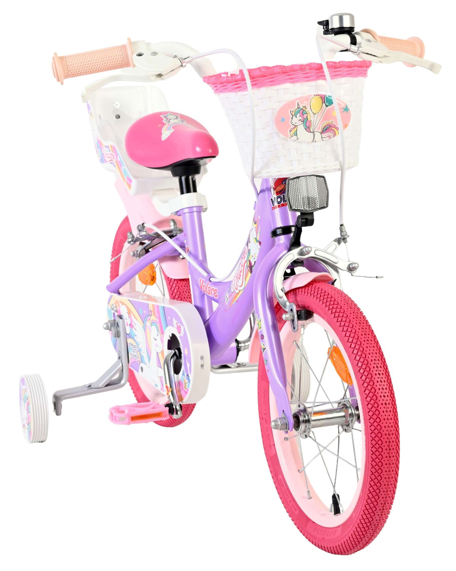 Lila Kinderfahrrad mit rosa Reifen, Korb und Einhorn-Motiv.