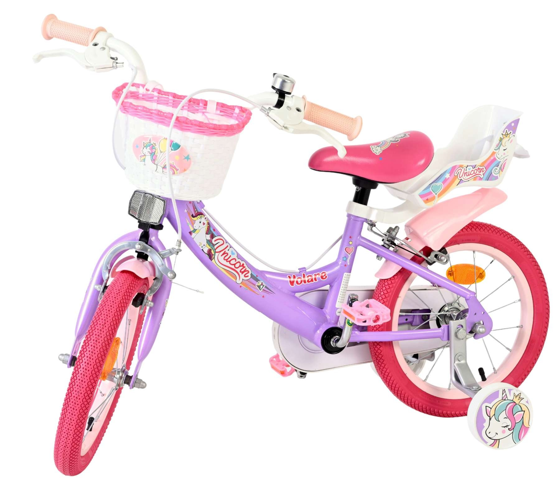 Ein lila Kinderfahrrad mit rosa Rädern, einem Korb und Einhorn-Motiven.