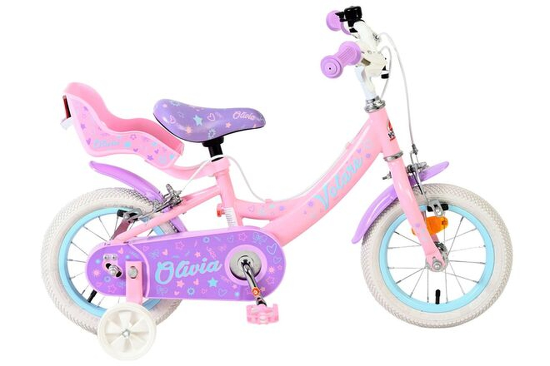 Ein rosafarbenes Kinderfahrrad mit lila Akzenten und Sternen.