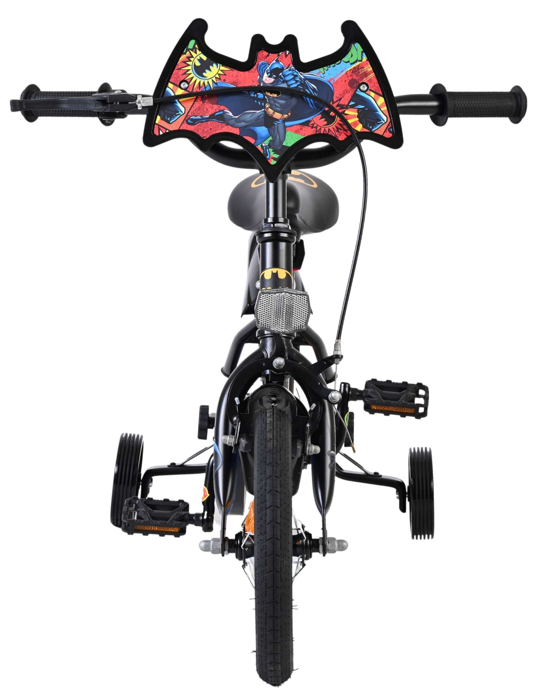 Schwarzes Batman-Fahrrad mit Stützrädern und Comic-Motiv.