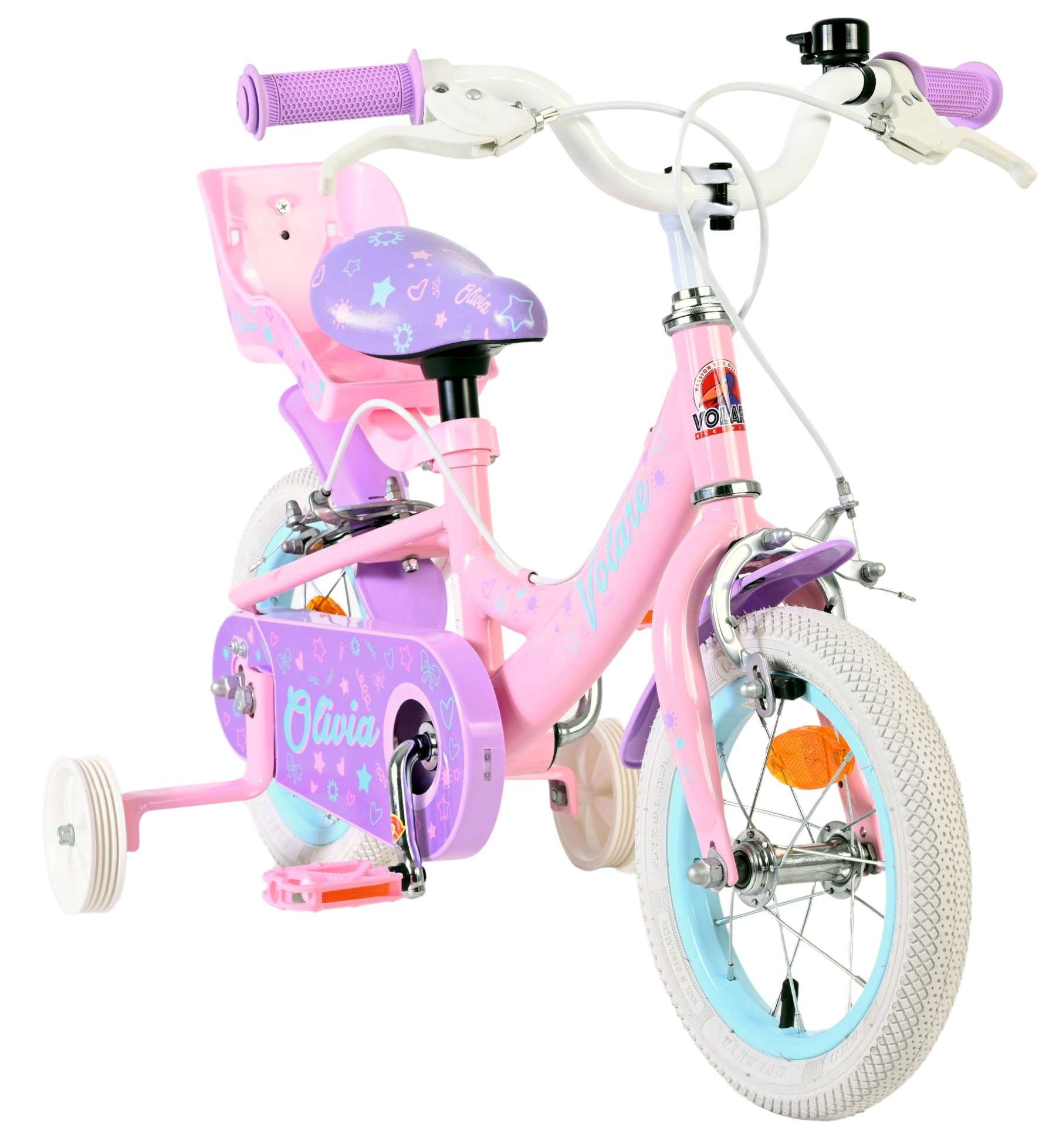Rosa Kinderfahrrad mit violetten Akzenten, Stützrädern und Schriftzug 'Olivia'.