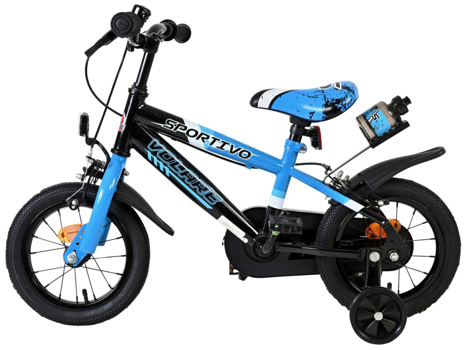 Ein blau-schwarzes Kinderfahrrad mit Stützrädern, Flaschenhalter und "Sportivo"-Aufdruck.