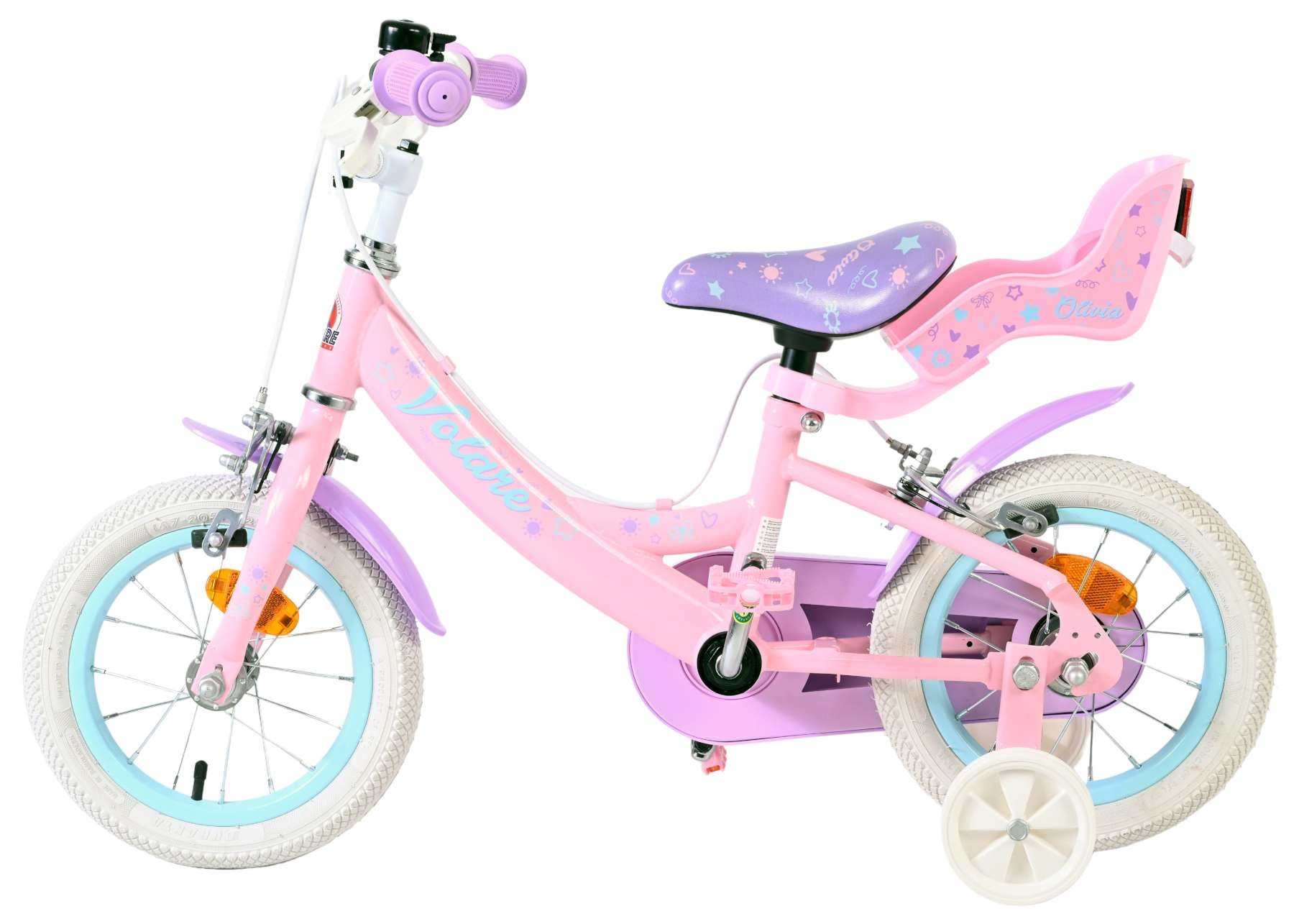 Ein rosa Kinderfahrrad mit lila Akzenten, Stützrädern und einem Puppensitz.