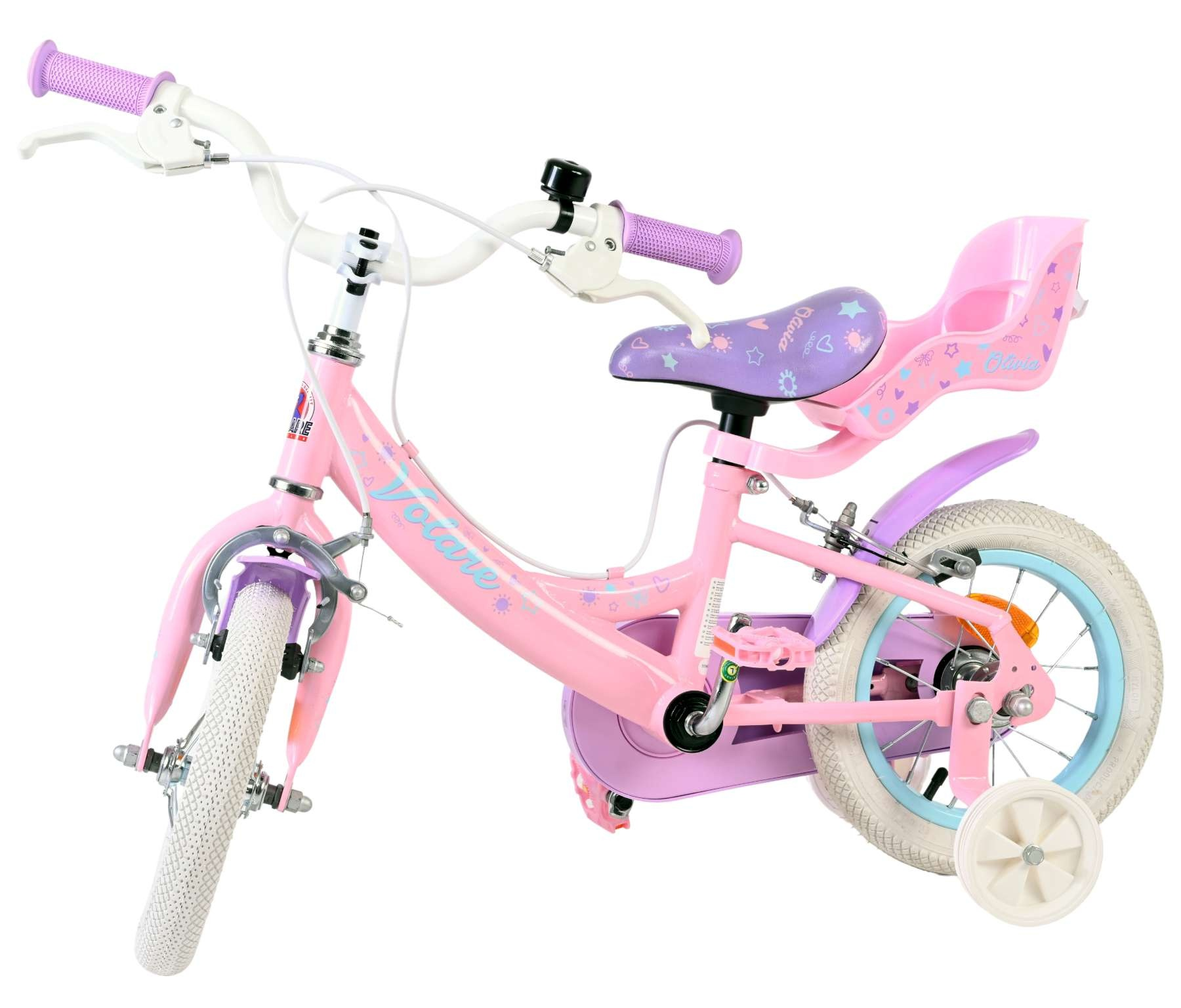 Ein rosa Kinderfahrrad mit Stützrädern, lila Akzenten und einem Kindersitz.