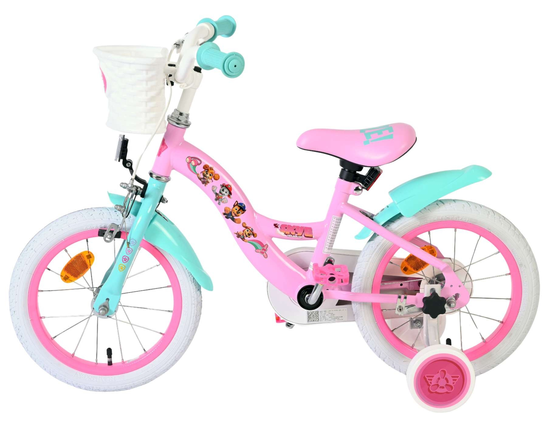 Ein pinkes und türkisfarbenes Paw Patrol Kinderfahrrad mit Stützrädern und weißem Korb.