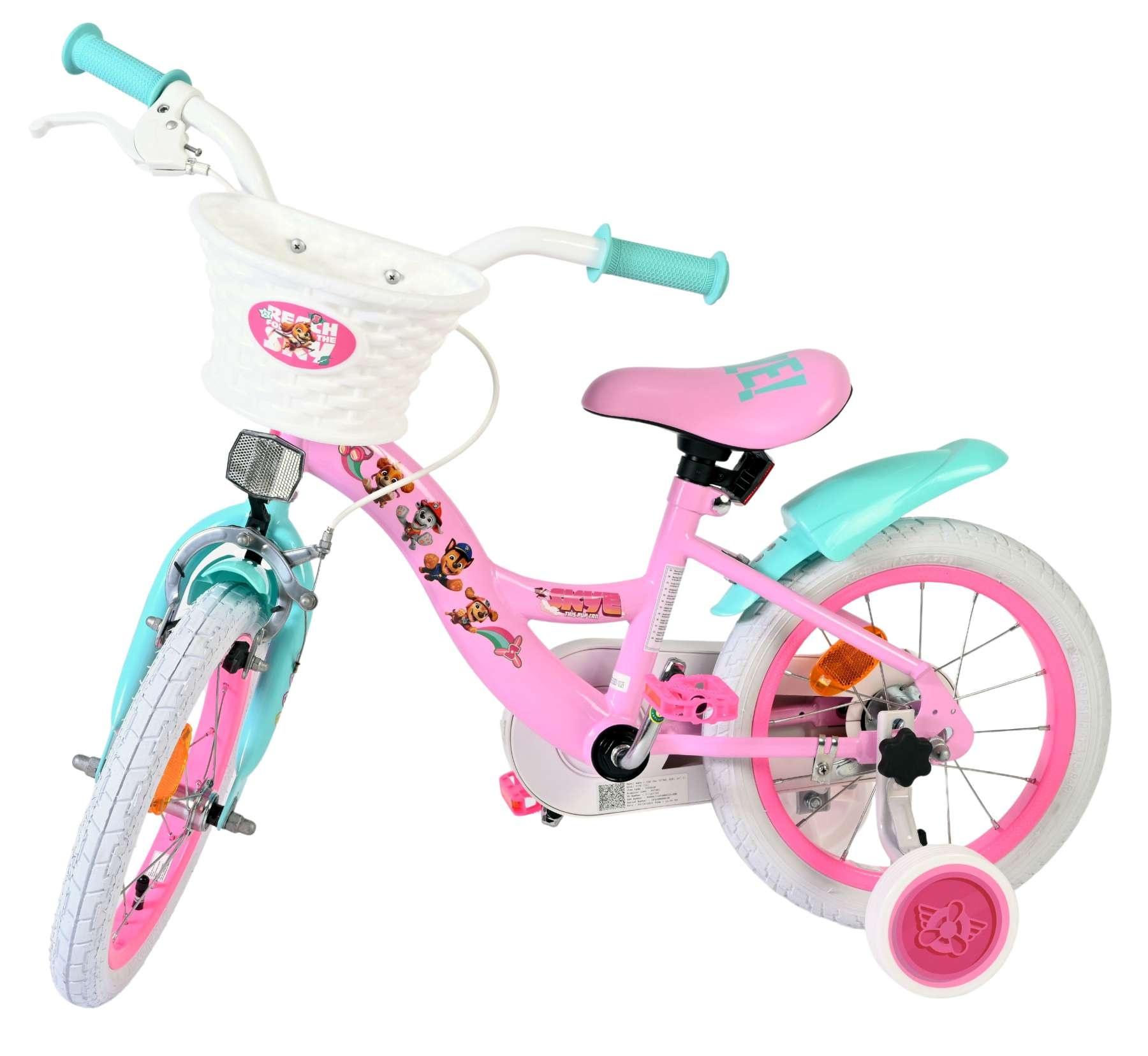 Ein rosa Kinderfahrrad mit mintgrünen Akzenten und Paw Patrol-Aufklebern.