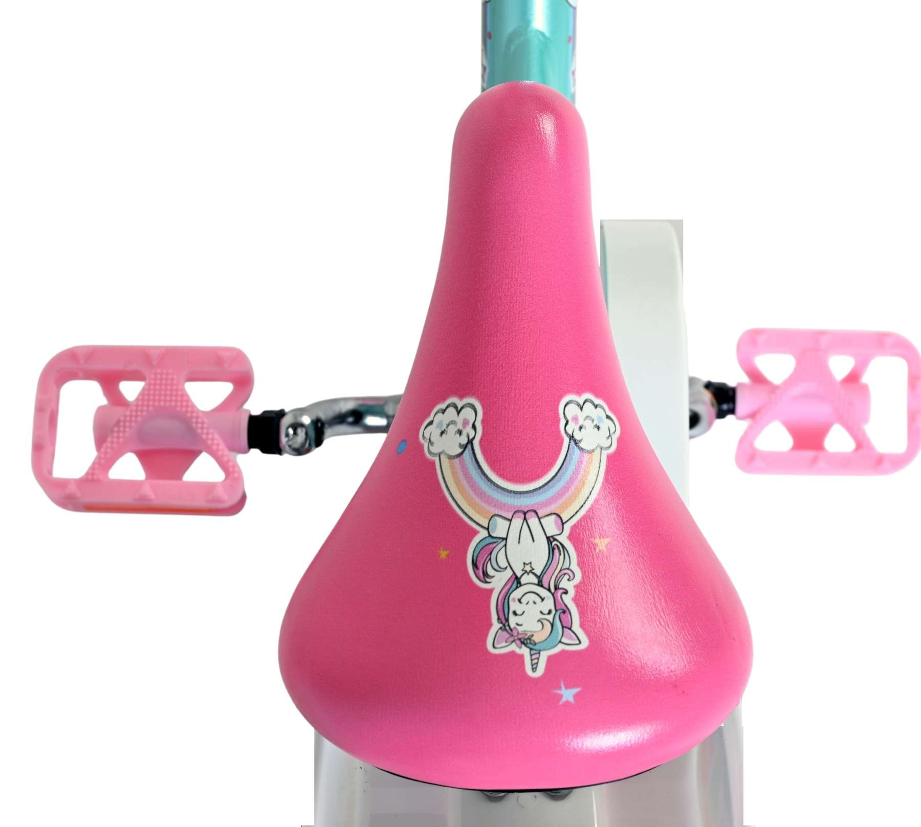 Ein rosa Fahrradsattel mit einem Einhorn unter einem Regenbogen-Aufdruck.