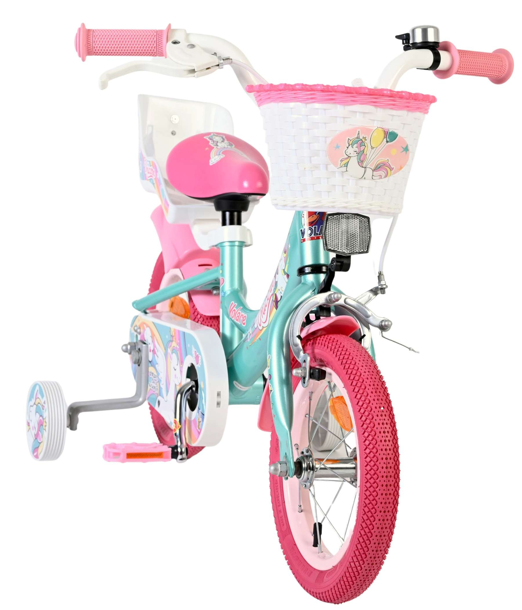 Türkis-blaues Kinderfahrrad mit pinken Akzenten, Stützrädern und Einhorn-Motiven.