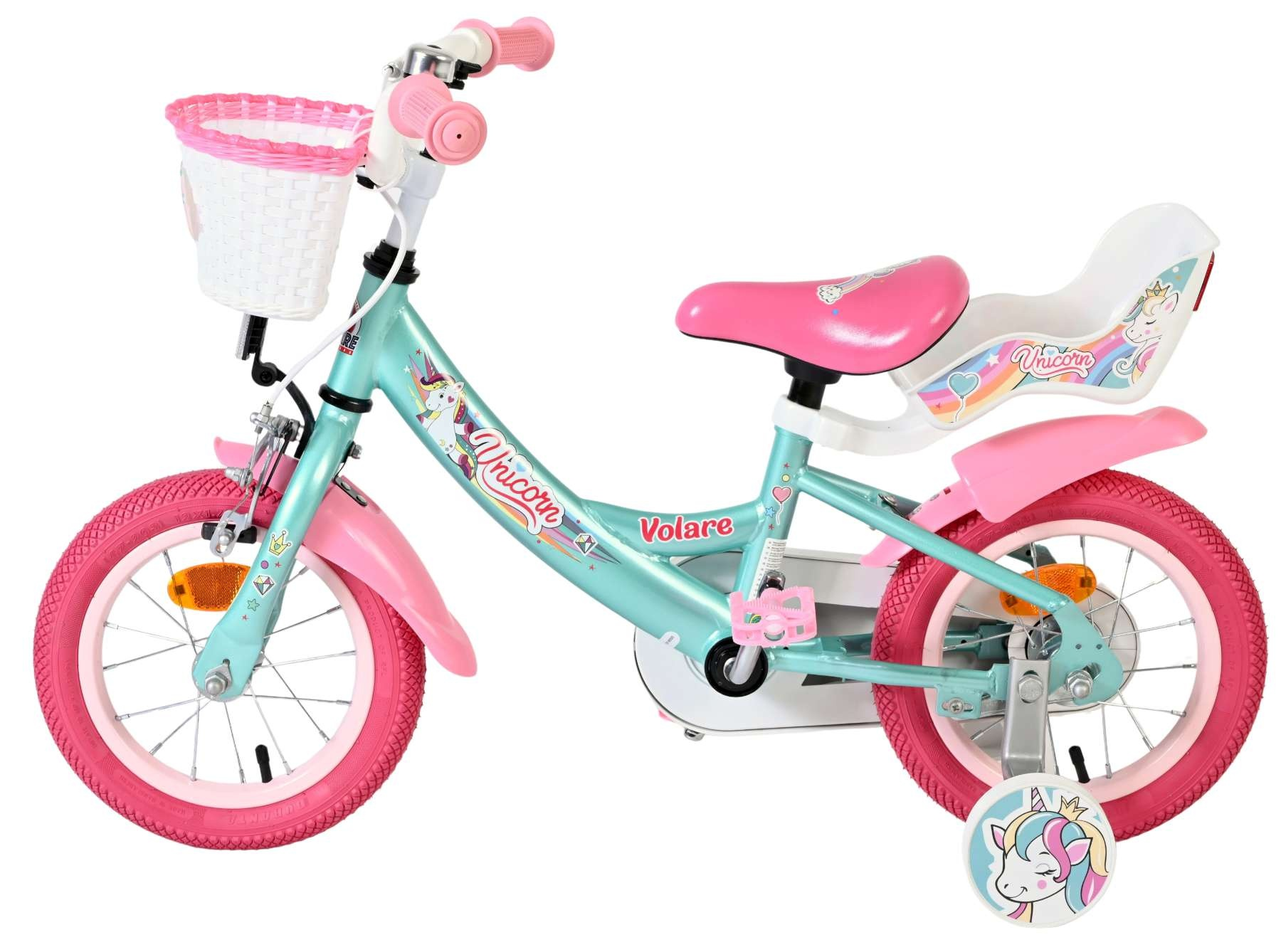 Ein türkisfarbenes Kinderfahrrad mit pinken Akzenten, Korb, Kindersitz und Einhorn-Motiven.