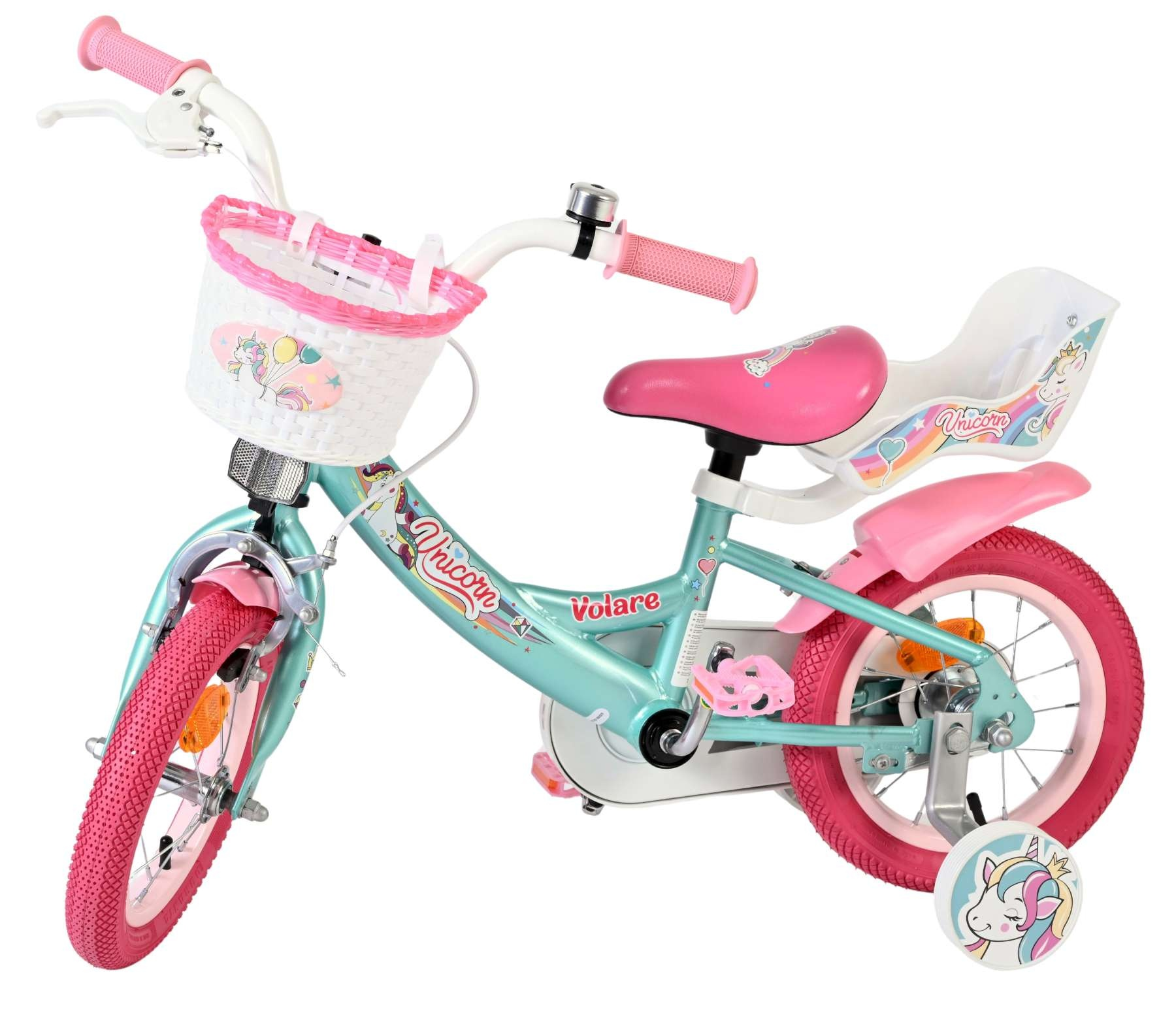 Ein türkisfarbenes Kinderfahrrad mit rosa Akzenten, einem Korb und Einhorn-Motiven.