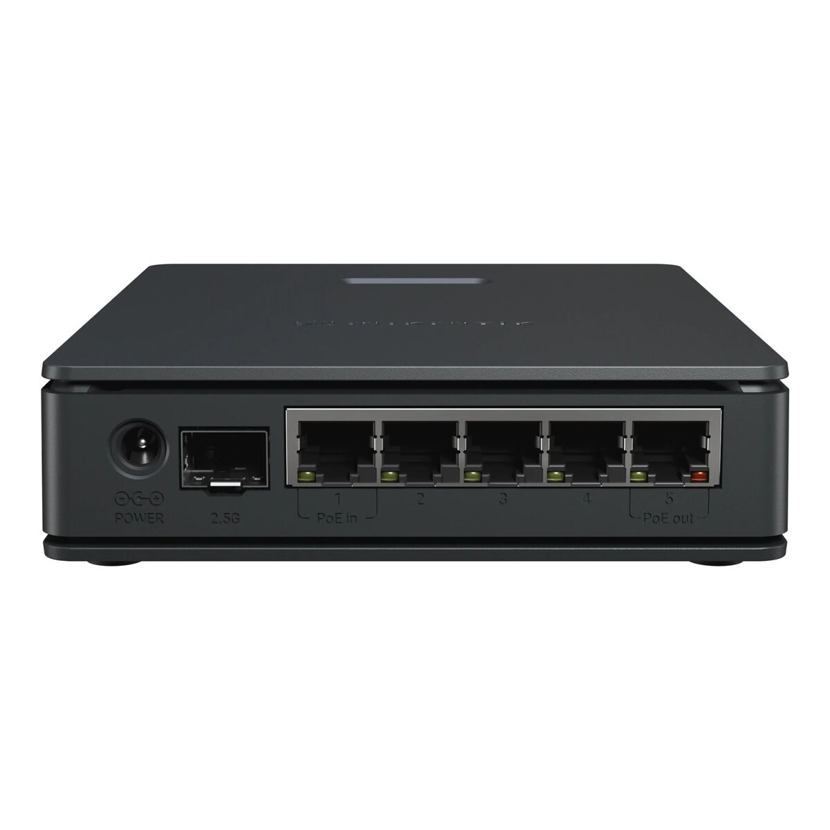 Ein kleiner schwarzer Netzwerk-Switch mit 5 Anschlüssen. Links: Strom und 2.5G.