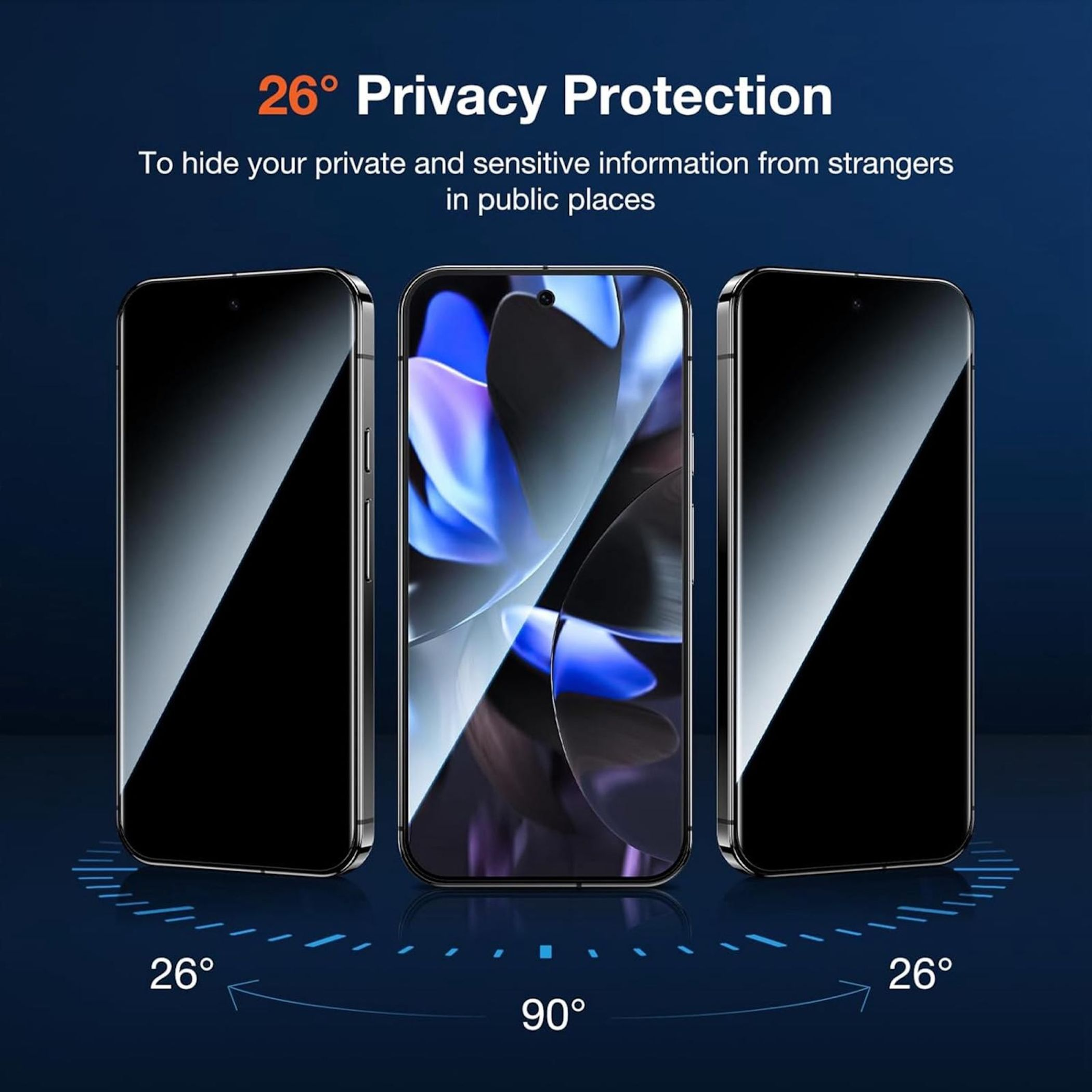 Drei Smartphones zeigen eine Sichtschutzfolie, die Privatsphäre bei 26° bietet.