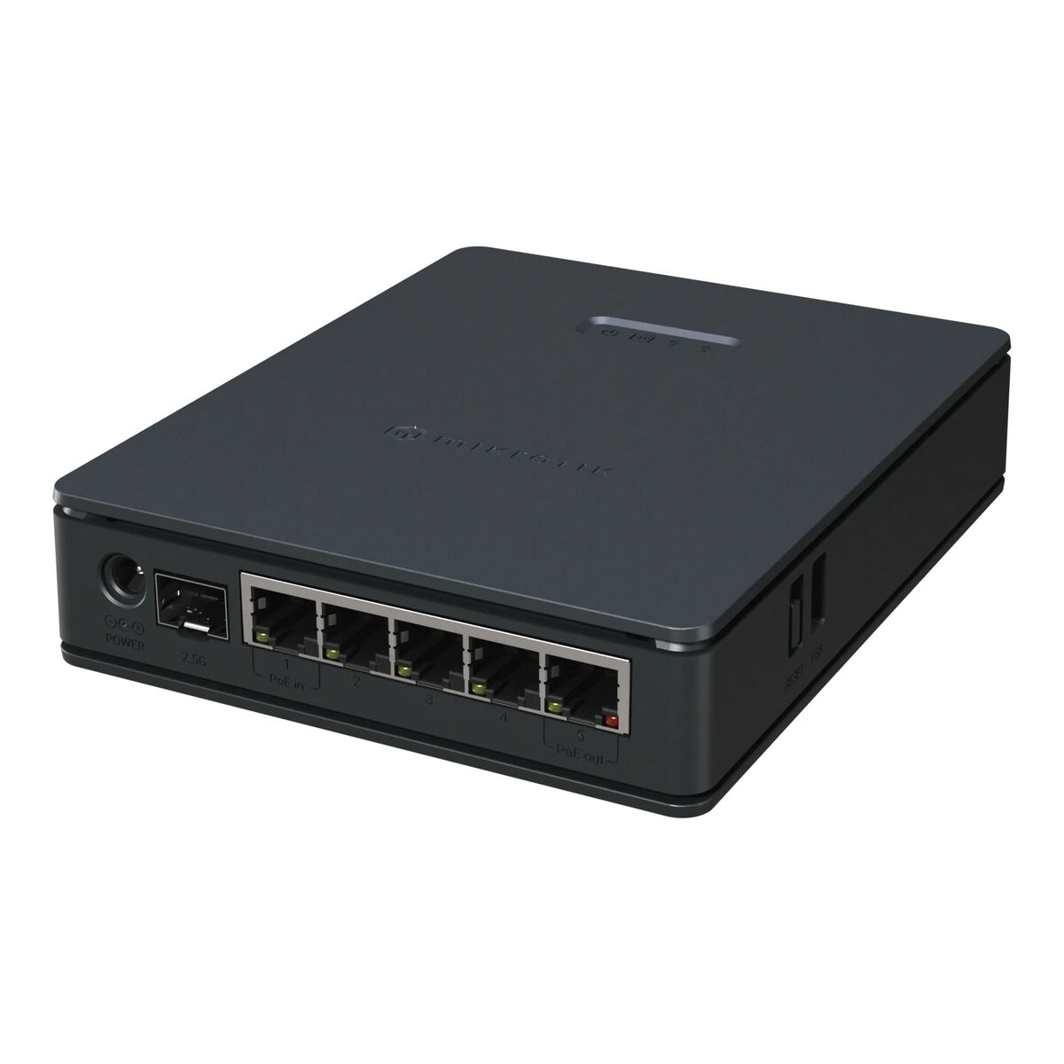 Ein schwarzer Netzwerk-Switch mit fünf Ethernet-Ports und einem USB-Anschluss.