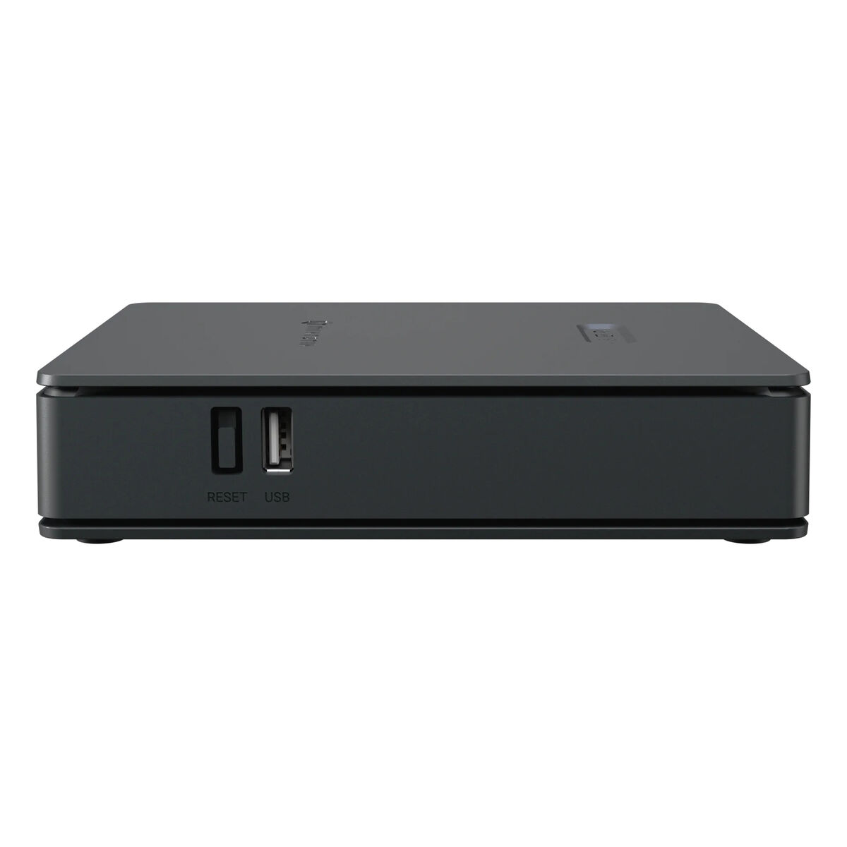 Ein schwarzes, flaches Elektronikgerät mit Reset- und USB-Anschlüssen an der Vorderseite.