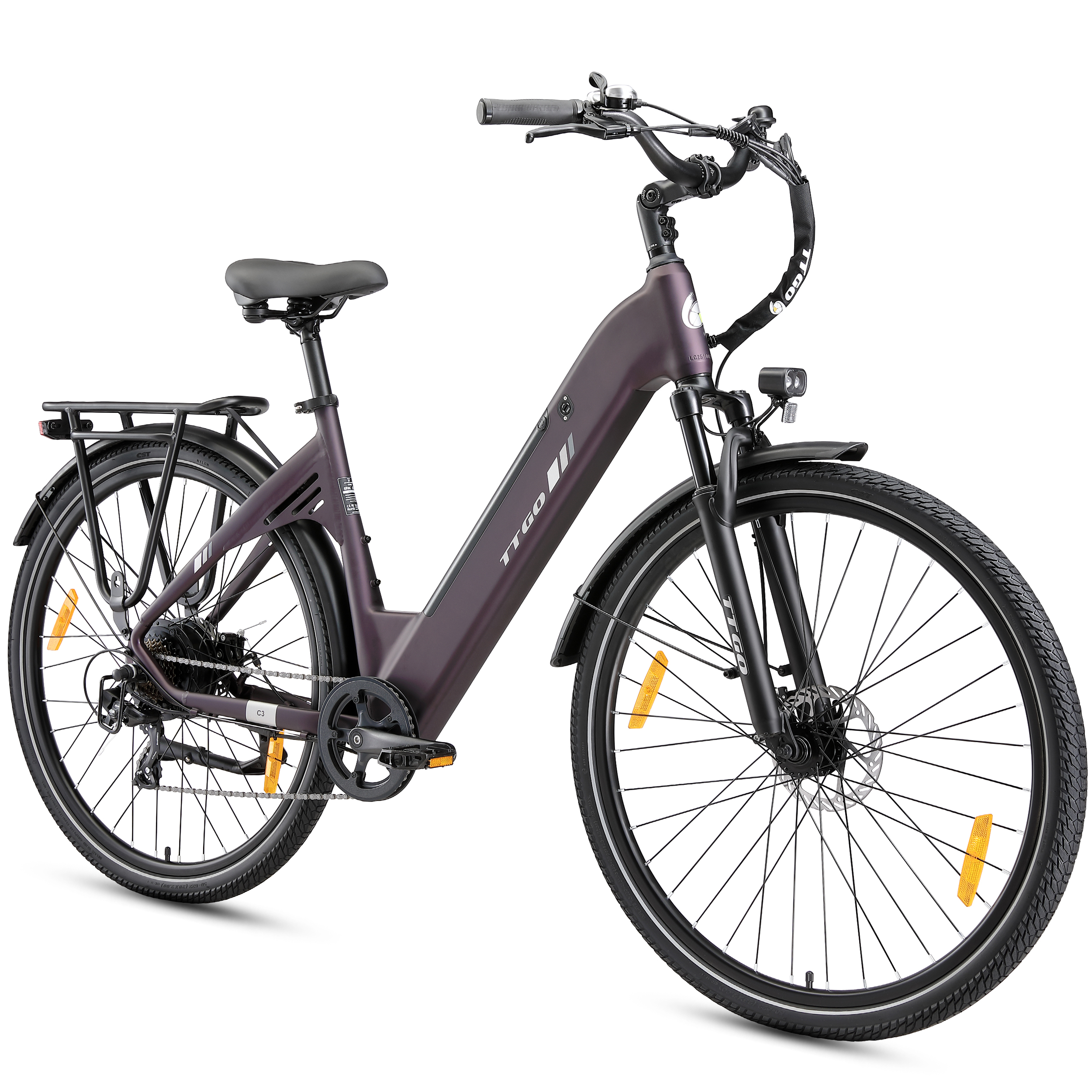 Ein lila Elektrofahrrad mit Gepäckträger, Scheinwerfer und Scheibenbremsen.