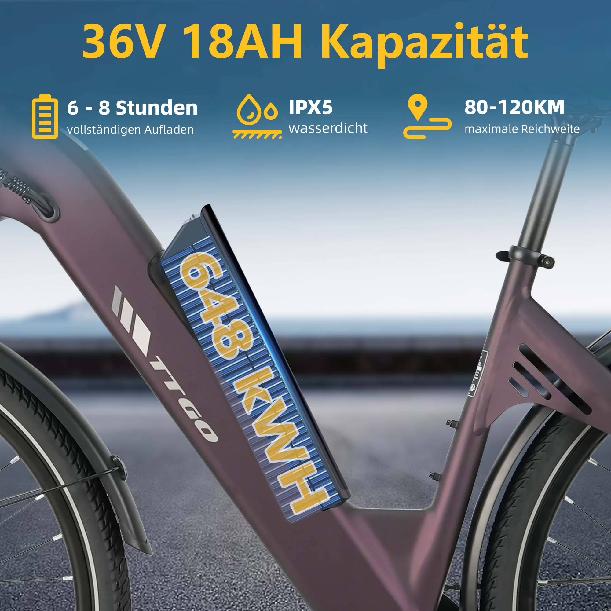 Lila E-Bike mit 36V 18AH Akku, 6-8 Std Ladezeit, IPX5, 80-120km Reichweite.