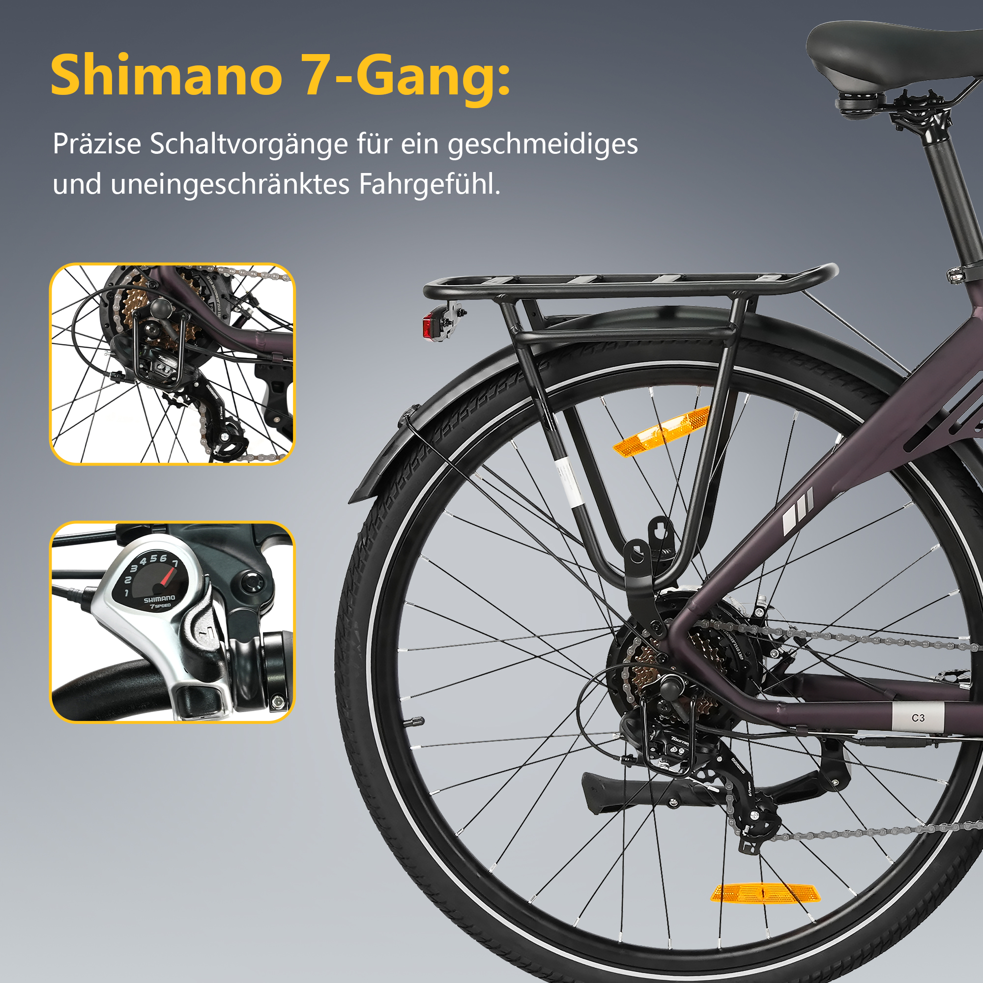 Nahaufnahme des Fahrrad-Schaltwerks und Gangschalters mit Shimano 7-Gang.