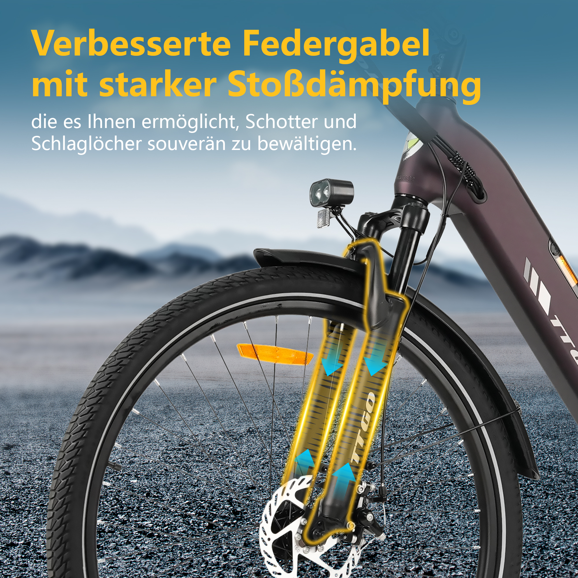 Fahrrad mit verbesserter Federgabel und Stoßdämpfung. Nahaufnahme der Vorderradaufhängung.