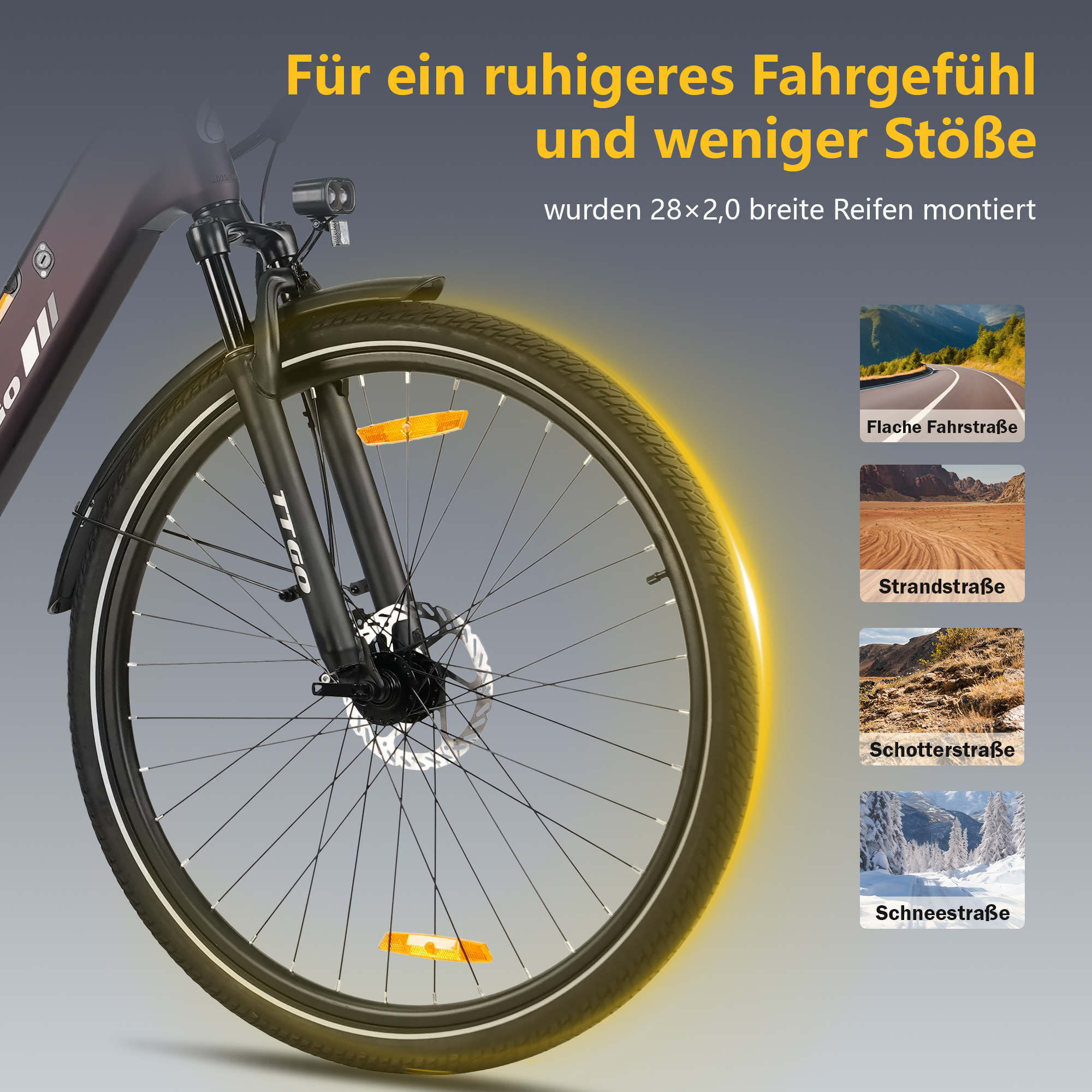 Vorderreifen eines Fahrrads mit breiten Reifen, mit vier kleinen Bildern von verschiedenen Straßenbedingungen.