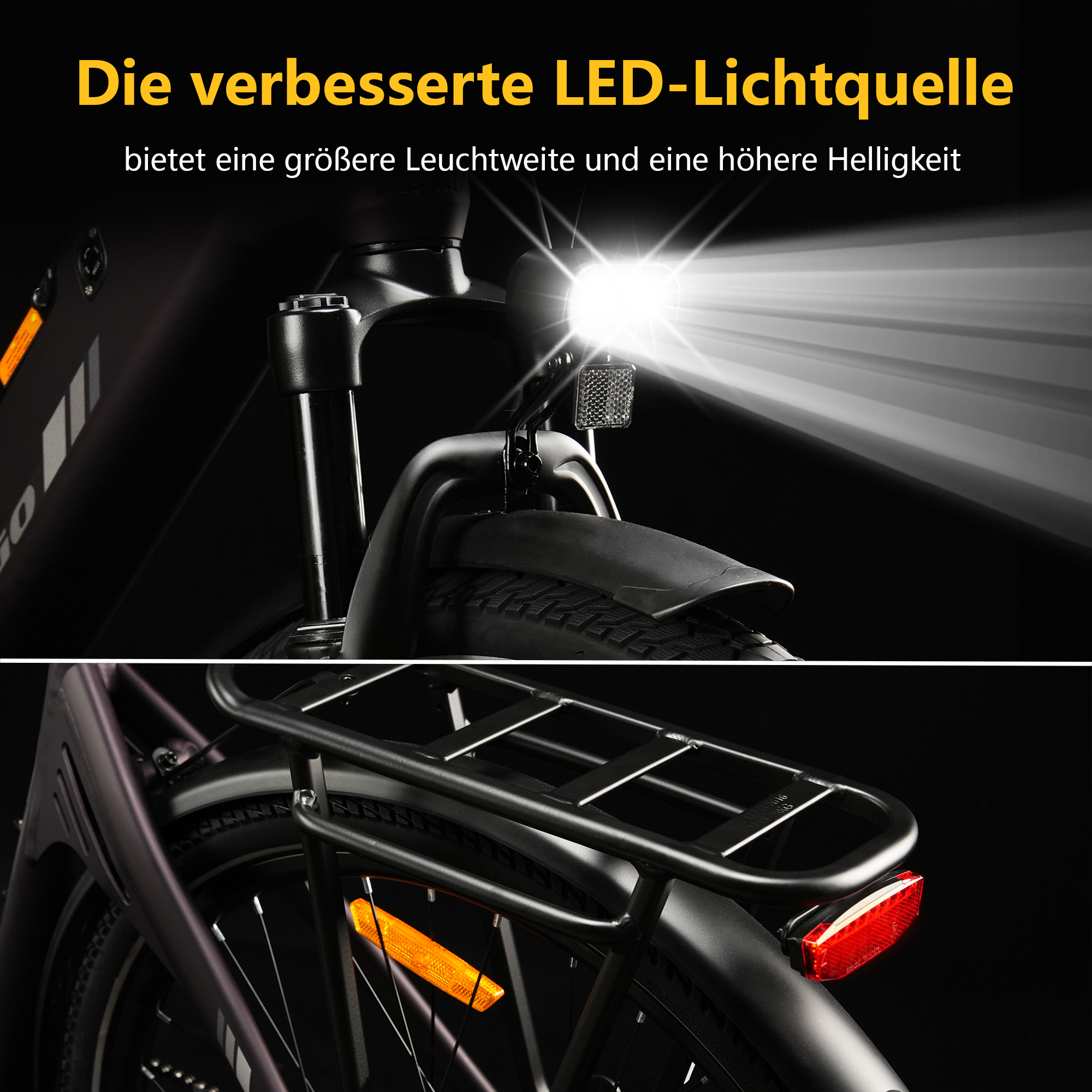 Ein Fahrrad mit hellem LED-Frontlicht und rotem Rücklicht.