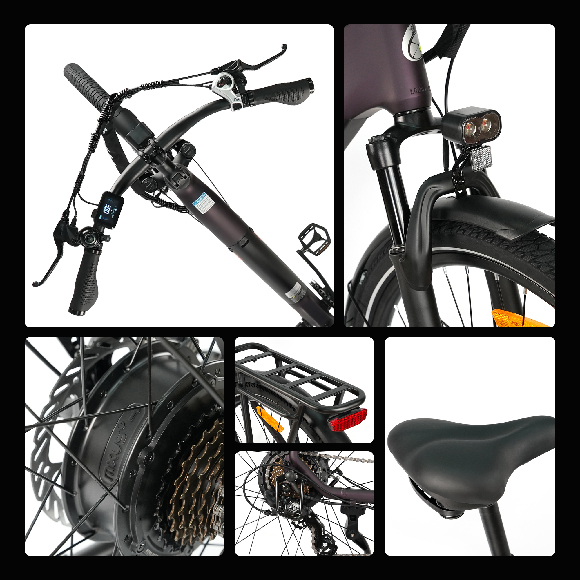 Vista detallada de una e-bike negra mostrando el cambio, cassette y portaequipajes.