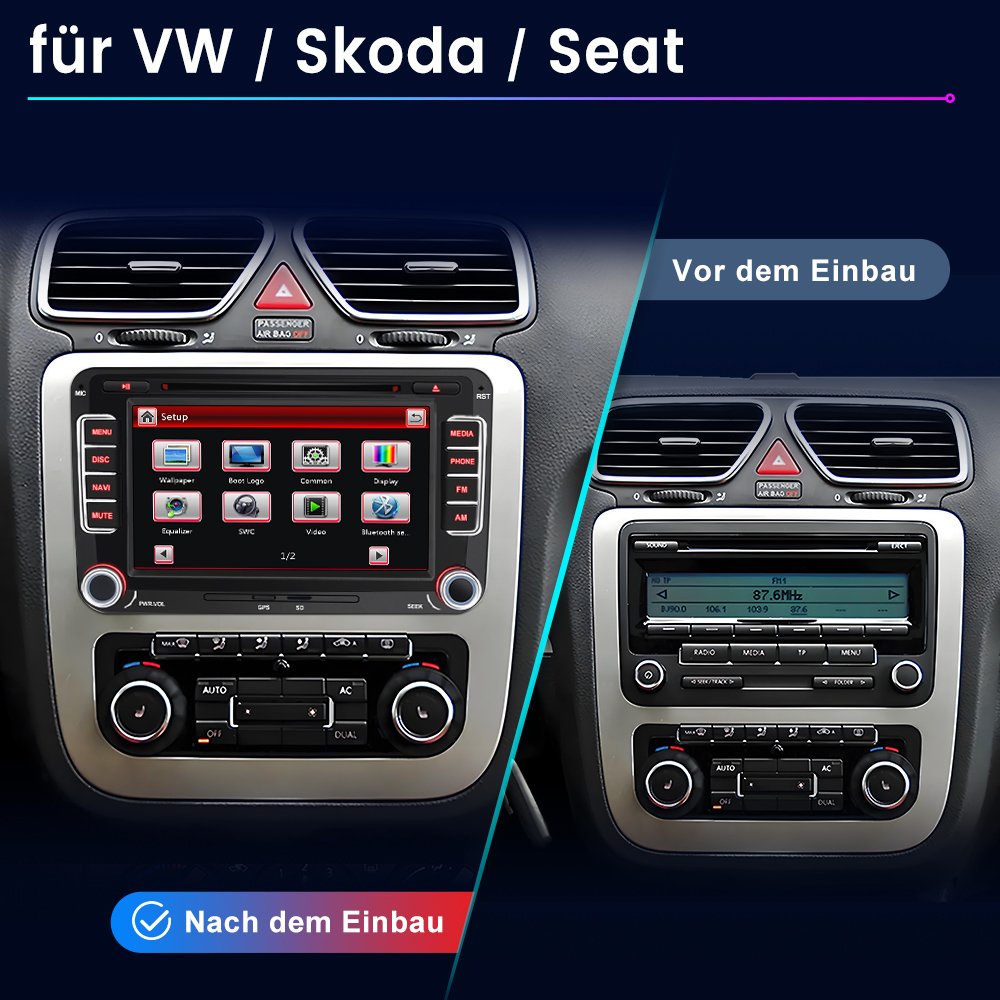 Vergleich von zwei Autoradios: Vor und nach dem Einbau in einem Auto.