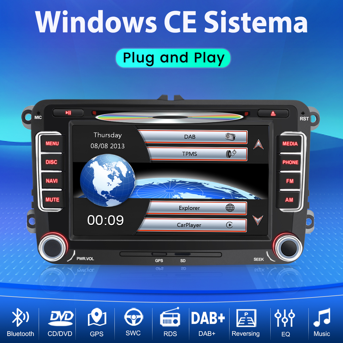 Ein Autoradio mit Touchscreen zeigt Menüs wie DAB, TPMS, Explorer und CarPlayer an.