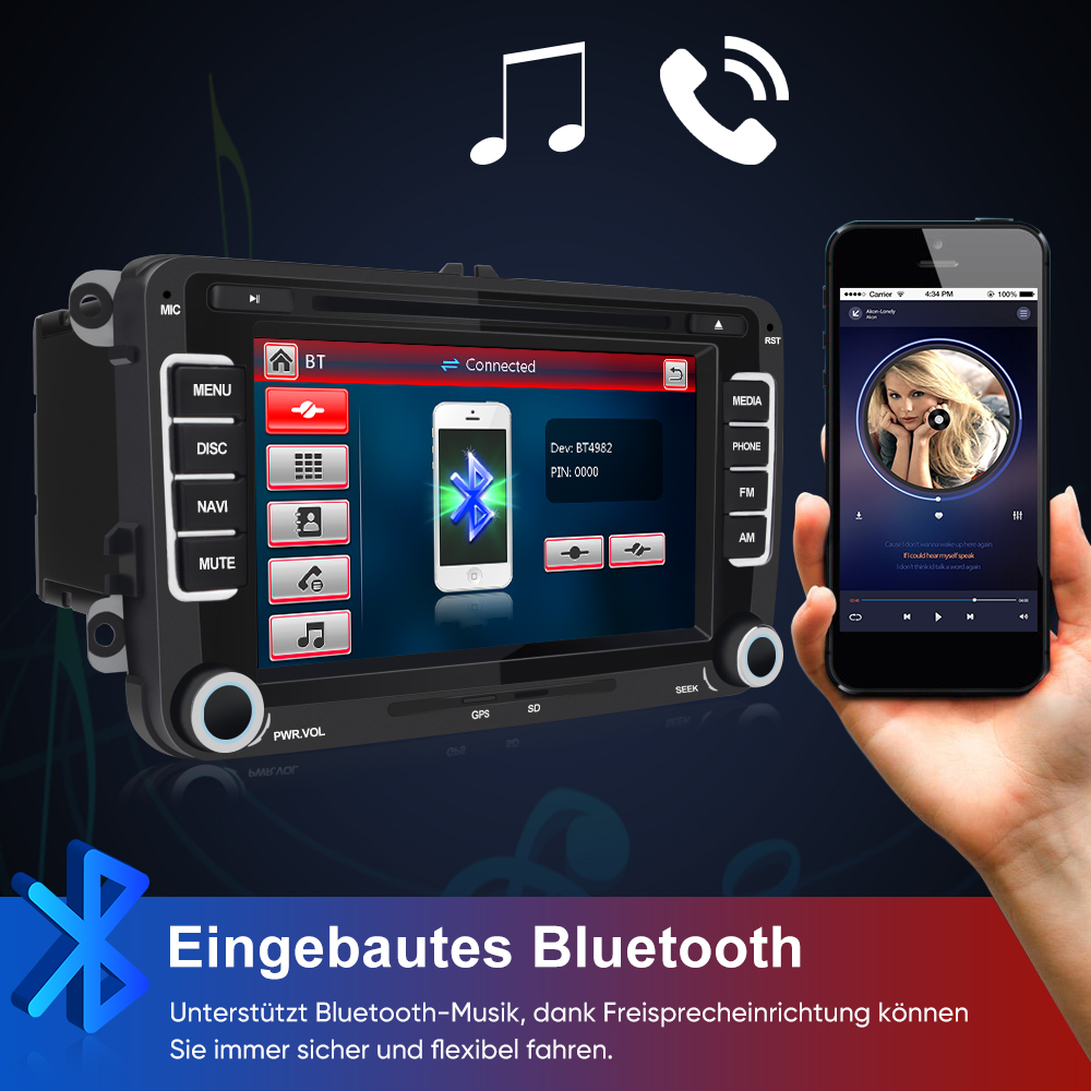 Ein Autoradio zeigt eine Bluetooth-Verbindung mit einem Handy an. Musik wird abgespielt.