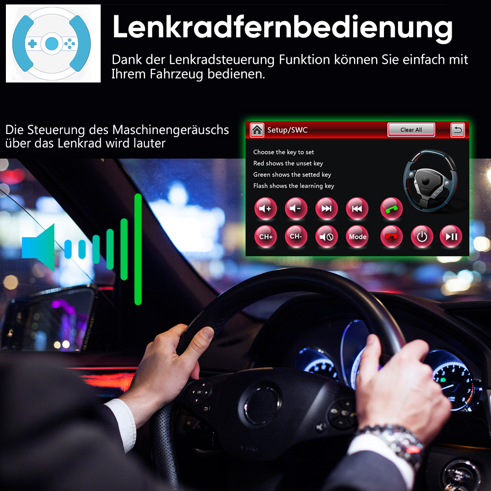 Lenkradfernbedienung mit Setup-Menü und Lautstärkesymbol.