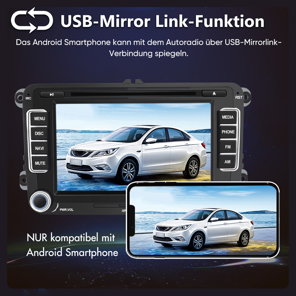 Ein Autoradio-Bildschirm zeigt ein weißes Auto. Darunter ein Smartphone mit demselben Auto.