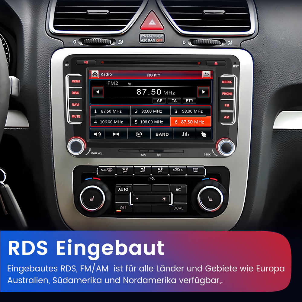 Ein Autoradio mit RDS-Anzeige, das Sender speichert. Klimaregler sind unten.