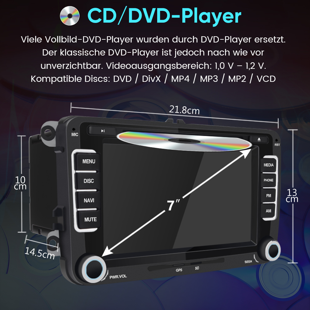 Ein CD/DVD-Player mit 7-Zoll-Bildschirm und Maßen 21,8x13x14,5cm.