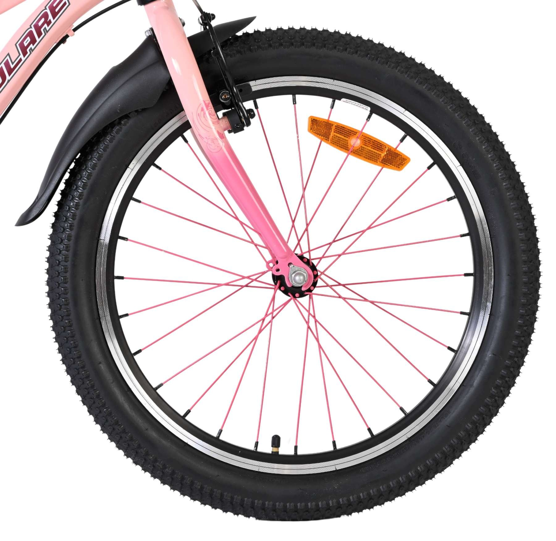 Ein rosa Fahrradvorderreifen mit schwarzem Schutzblech und Speichen.