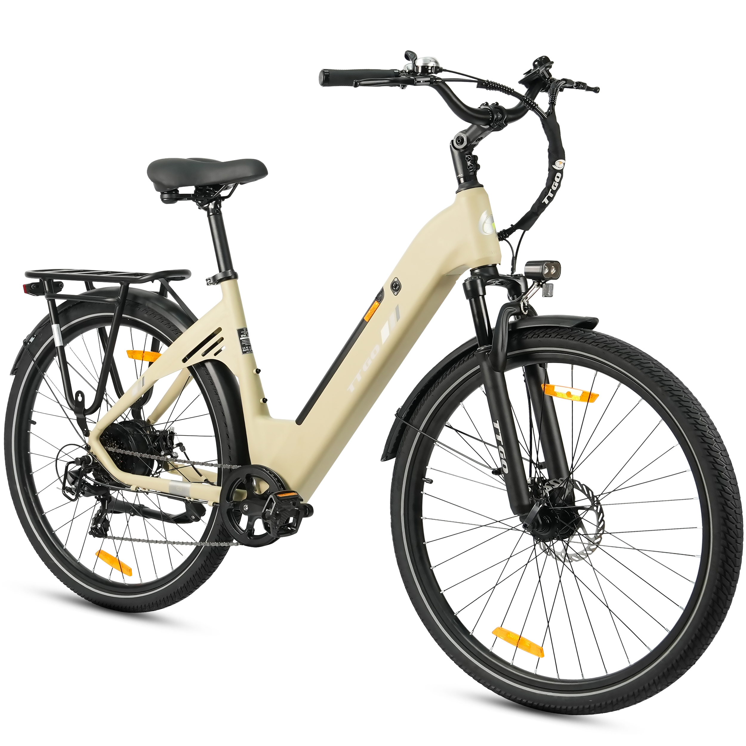 Ein sandfarbenes E-Bike mit schwarzen Reifen und Felgen, Gepäckträger und Scheinwerfer.