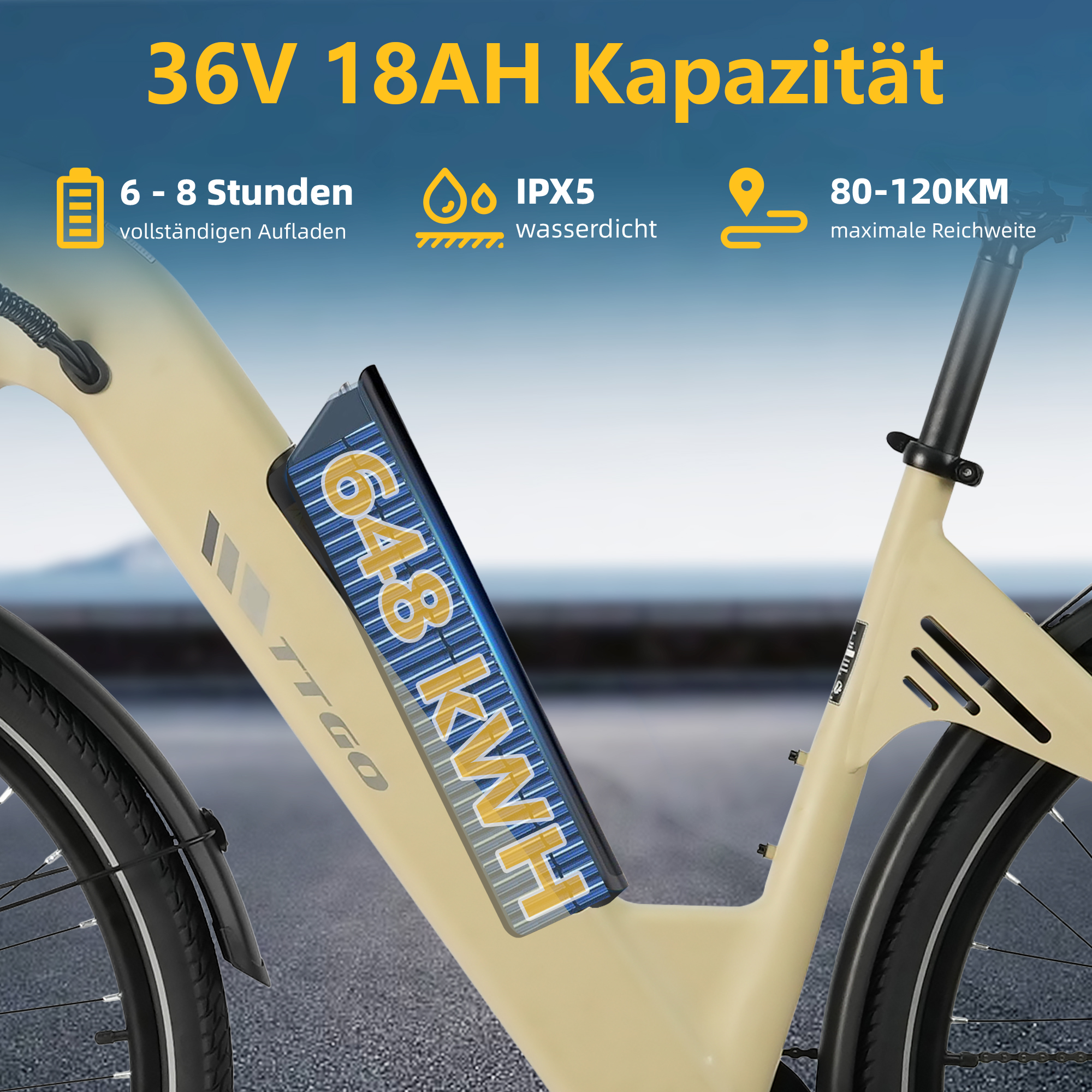 Beige E-Bike mit 36V, 18AH Kapazität, 6-8h Ladezeit, IPX5 wasserdicht.