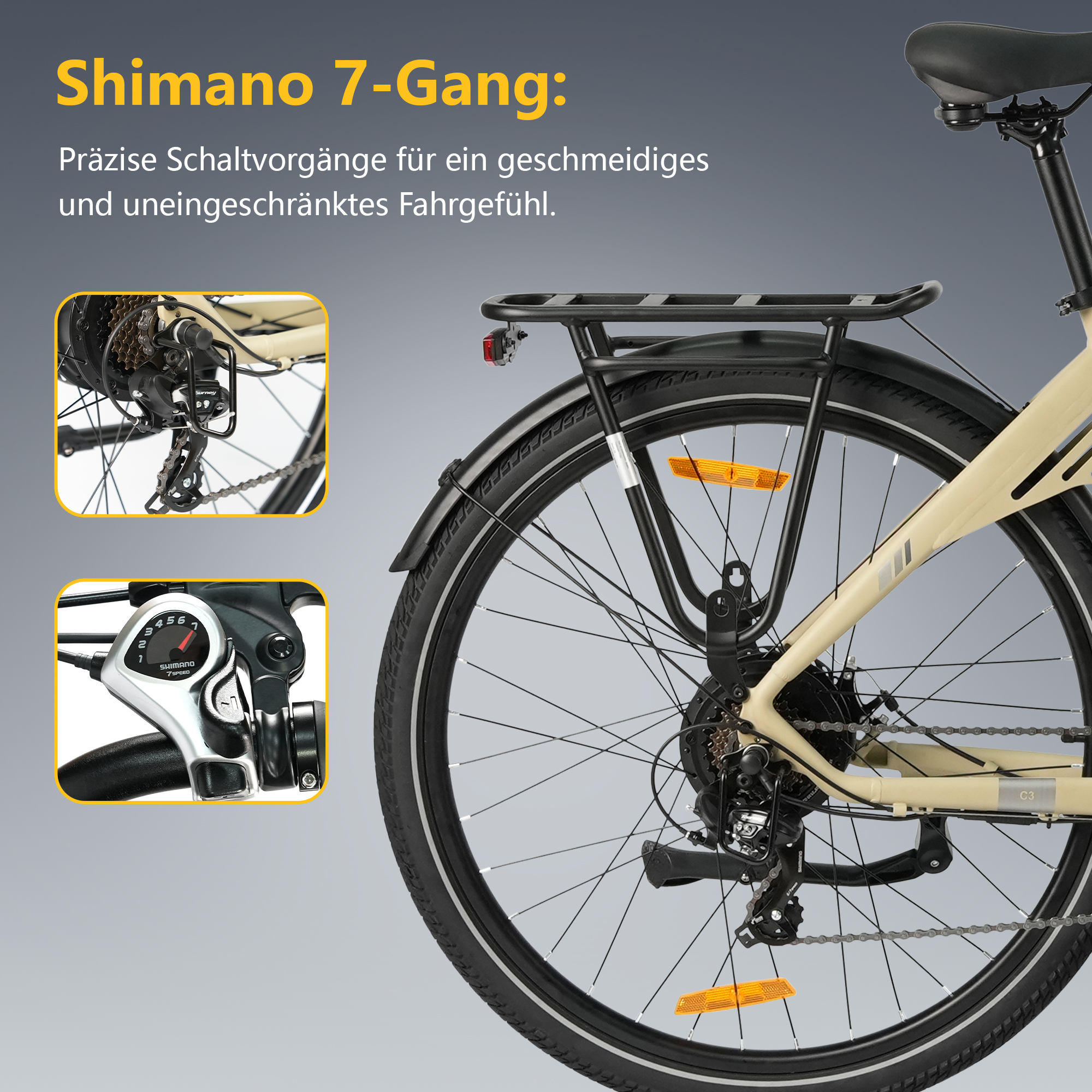 Shimano 7-Gang Schaltwerk und Schalthebel an einem beigen Fahrrad.