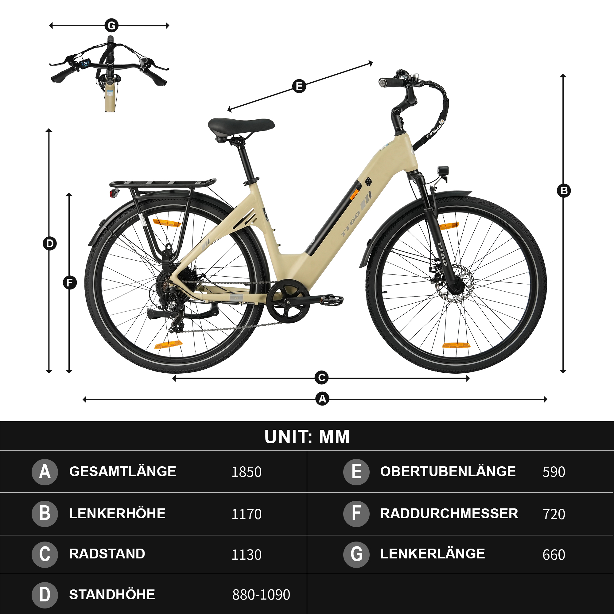 Ein hellbeiges E-Bike mit Maßen und Beschriftungen, Maße in mm.