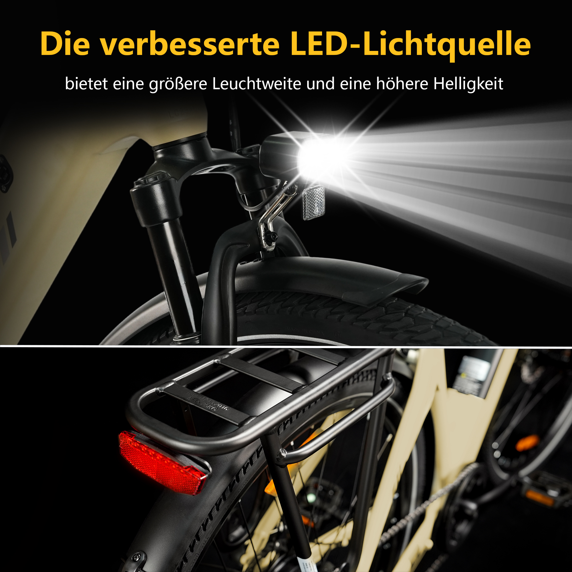 Beleuchtete Vorder- und Rückseite eines hellbeigen Fahrrads auf schwarzem Hintergrund.