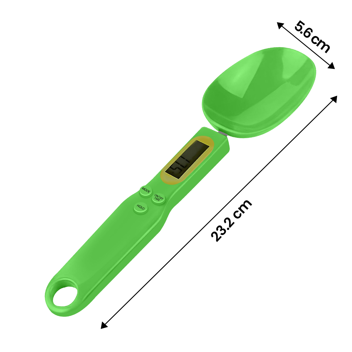 Grüne Löffelwaage mit digitaler Anzeige und Maßen 23,2 cm x 5,6 cm.