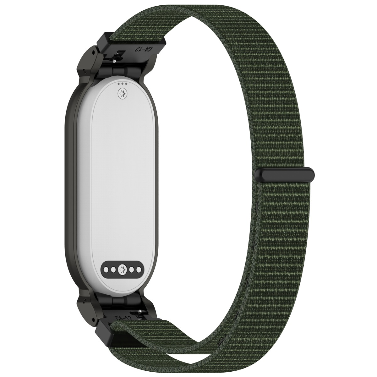 Un cinturino verde attaccato a un corpo di smartwatch bianco con connettori neri.
