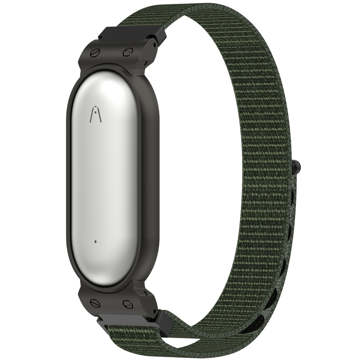 Smartband argentato con cassa scura e cinturino in tessuto verde.