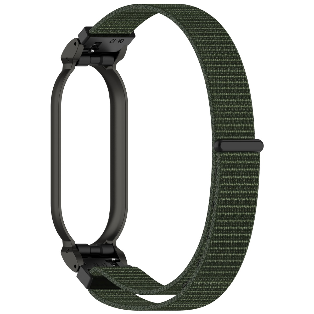 Cinturino in tessuto verde scuro con cornice in metallo nero per indossabile.